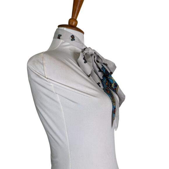 Vintage 1980s Paisley Silk Scarf Gray Blue Red Boho Necktie Head Wrap - Picture 4 of 6